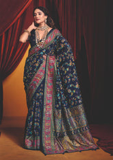 Navy Blue Tussar Silk Paisley Print Saree-4488